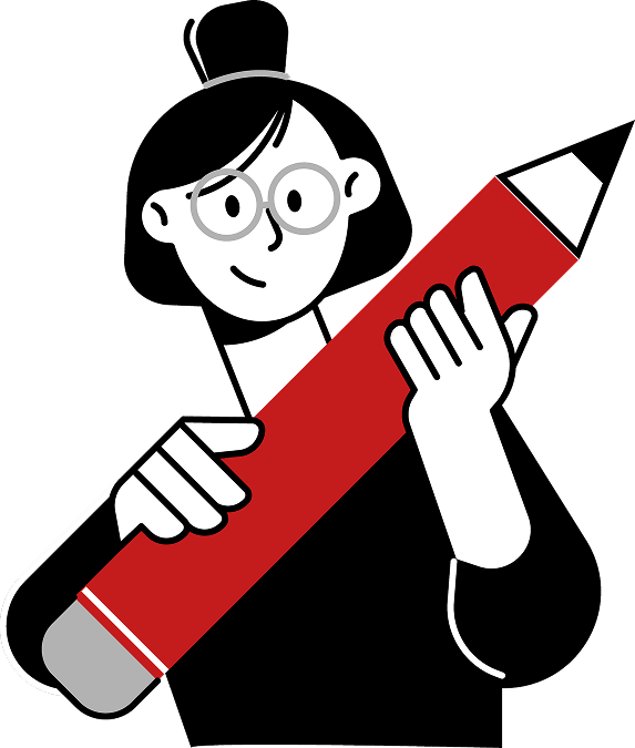 illustration stylisée d'une femme qui tient un grand crayon